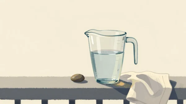 Gouache painting of a clear glass measuring jug of water on a veranda rail beside a small stone and a folded cloth