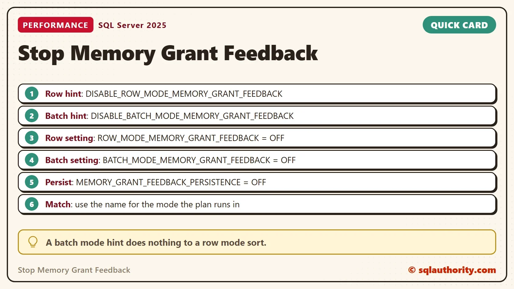 Quick card titled Stop Memory Grant Feedback: Row hint: DISABLE_ROW_MODE_MEMORY_GRANT_FEEDBACK; Batch hint: DISABLE_BATCH_MODE_MEMORY_GRANT_FEEDBACK; Row setting: ROW_MODE_MEMORY_GRANT_FEEDBACK = OFF; Batch setting: BATCH_MODE_MEMORY_GRANT_FEEDBACK = OFF; Persist: MEMORY_GRANT_FEEDBACK_PERSISTENCE = OFF; Match: use the name for the mode the plan runs in. Tip: A batch mode hint does nothing to a row mode sort.