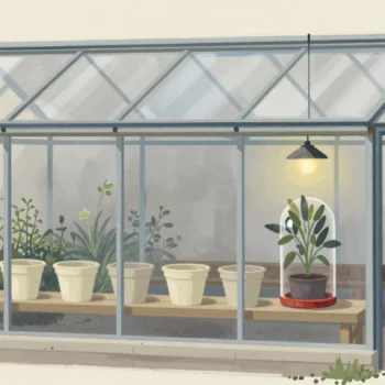Gouache painting of a glass greenhouse with a bench of cream pots and one plant under a bell jar with a vermilion rim
