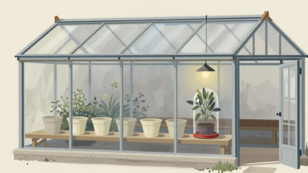 Gouache painting of a glass greenhouse with a bench of cream pots and one plant under a bell jar with a vermilion rim