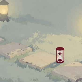 Gouache painting of a path of stepping stones with one worn stone and a vermilion hourglass beside it