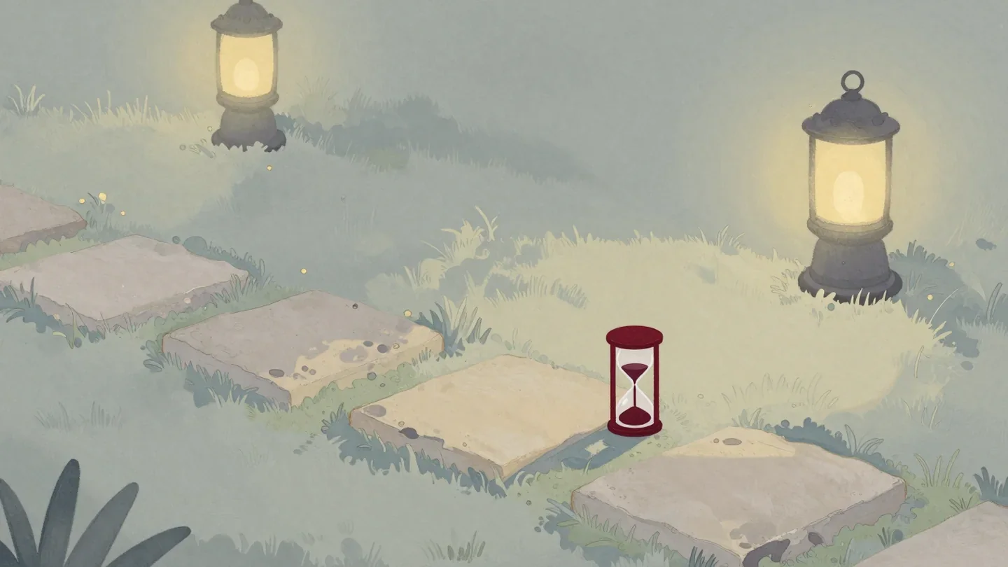 Gouache painting of a path of stepping stones with one worn stone and a vermilion hourglass beside it