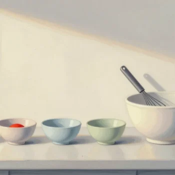 Gouache painting of a row of prepared ingredient bowls beside an empty mixing bowl with a red whisk across it