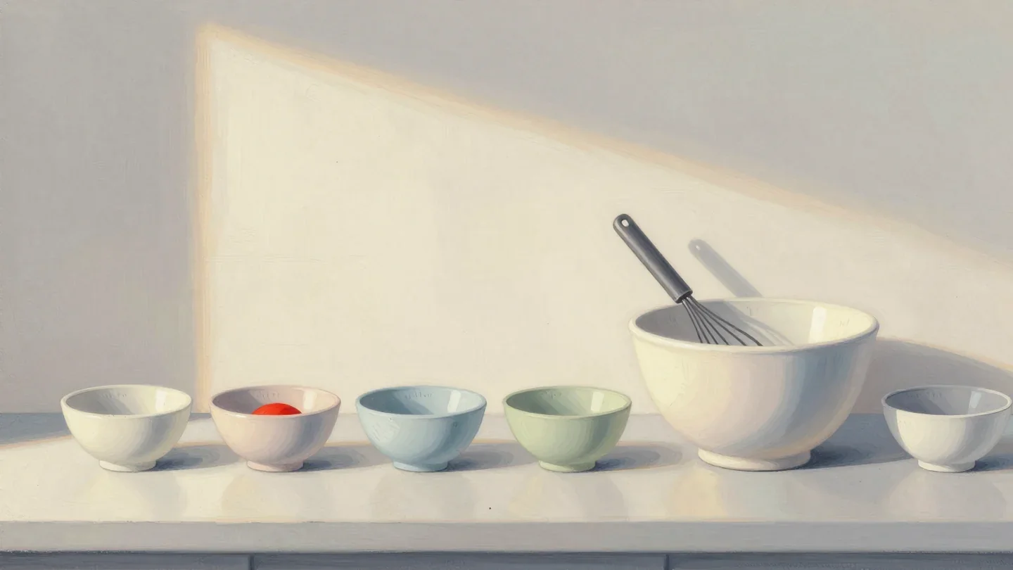 Gouache painting of a row of prepared ingredient bowls beside an empty mixing bowl with a red whisk across it