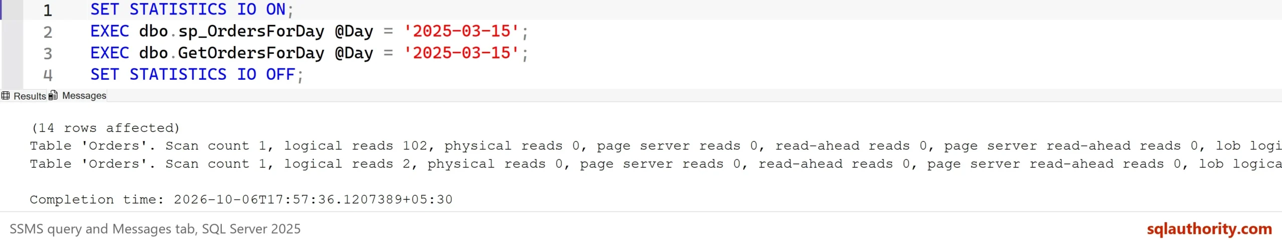 SSMS Messages tab showing logical reads of 102 for the first procedure and 2 for the second, with one 14 rows affected line printed just before the first procedure's statistics