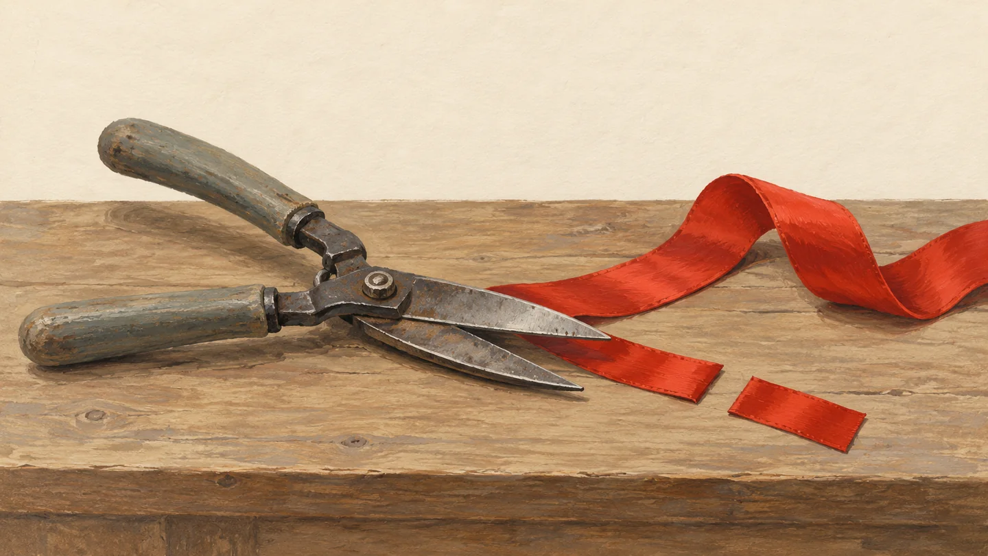 Gouache painting of old garden shears on a wooden table beside a length of vermilion ribbon with its end cleanly cut off