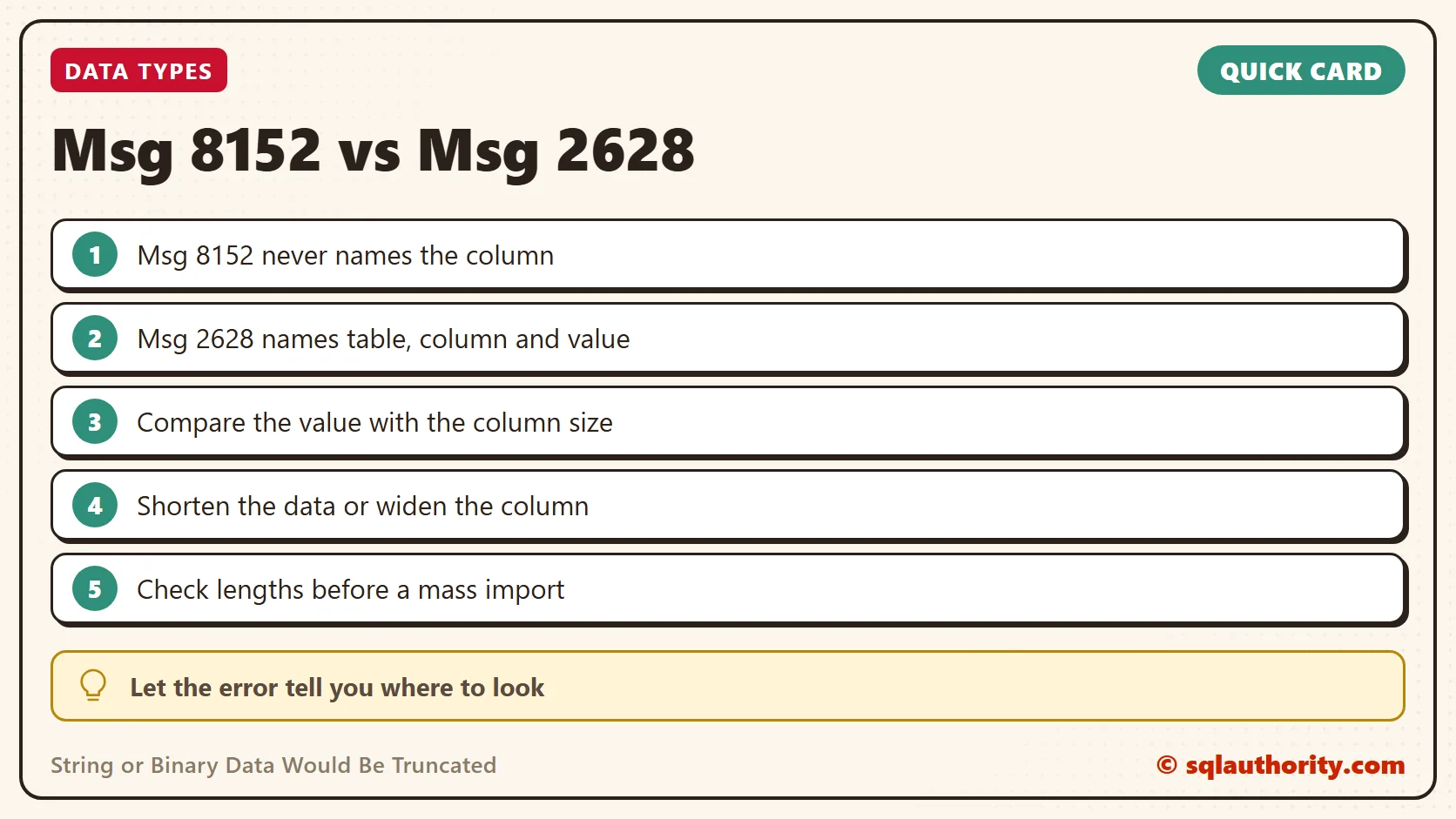 Quick reference card: Msg 8152 vs Msg 2628