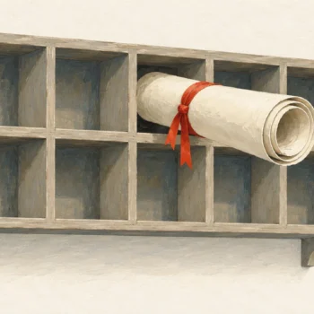 Gouache painting of a wall of small wooden cubbyholes with one long rolled scroll, tied with a vermilion ribbon, sticking far out because it is too long to fit