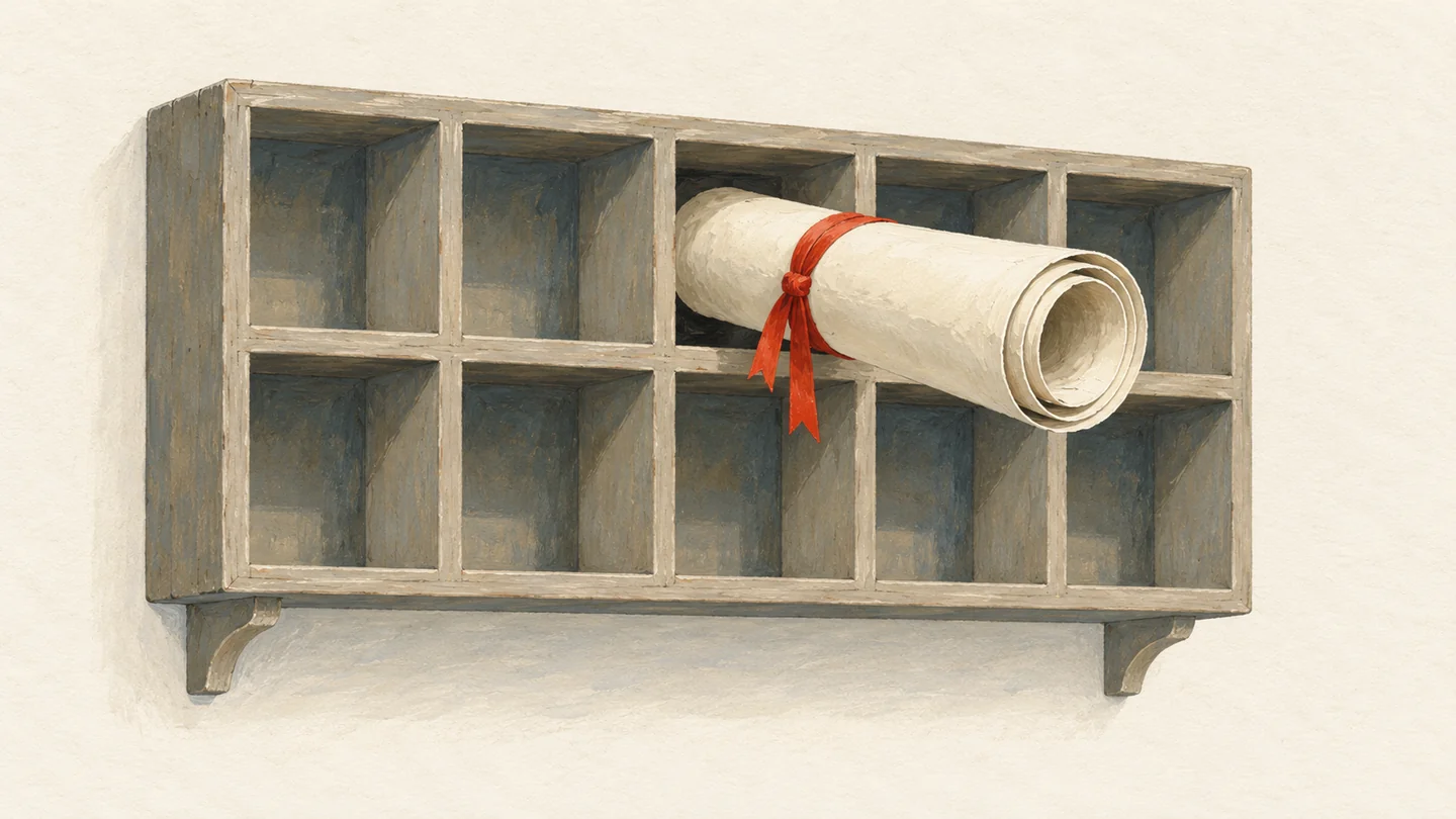 Gouache painting of a wall of small wooden cubbyholes with one long rolled scroll, tied with a vermilion ribbon, sticking far out because it is too long to fit