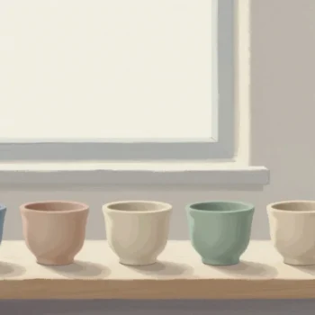 Gouache painting of a row of six clay cups on a windowsill in blue, pink, cream, sage and vermilion