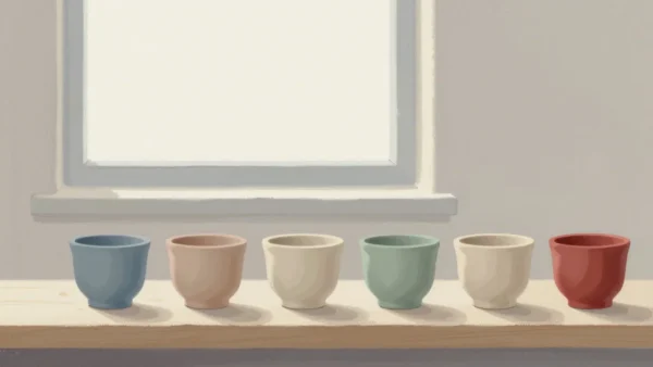 Gouache painting of a row of six clay cups on a windowsill in blue, pink, cream, sage and vermilion