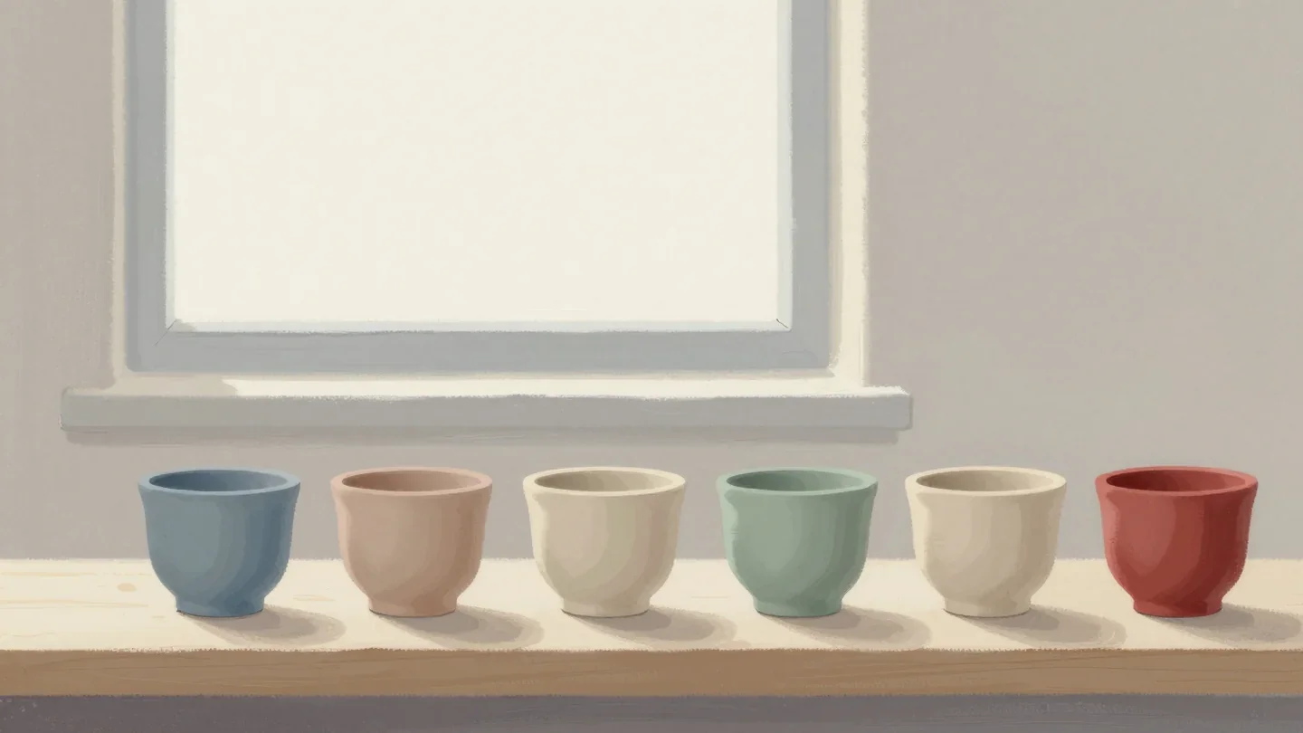 Gouache painting of a row of six clay cups on a windowsill in blue, pink, cream, sage and vermilion