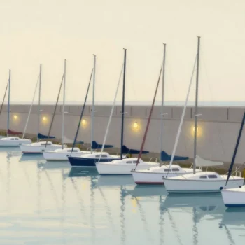 Gouache painting of sailboats inside a harbor wall and a small vermilion rowboat outside it