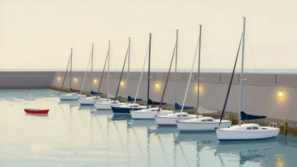 Gouache painting of sailboats inside a harbor wall and a small vermilion rowboat outside it