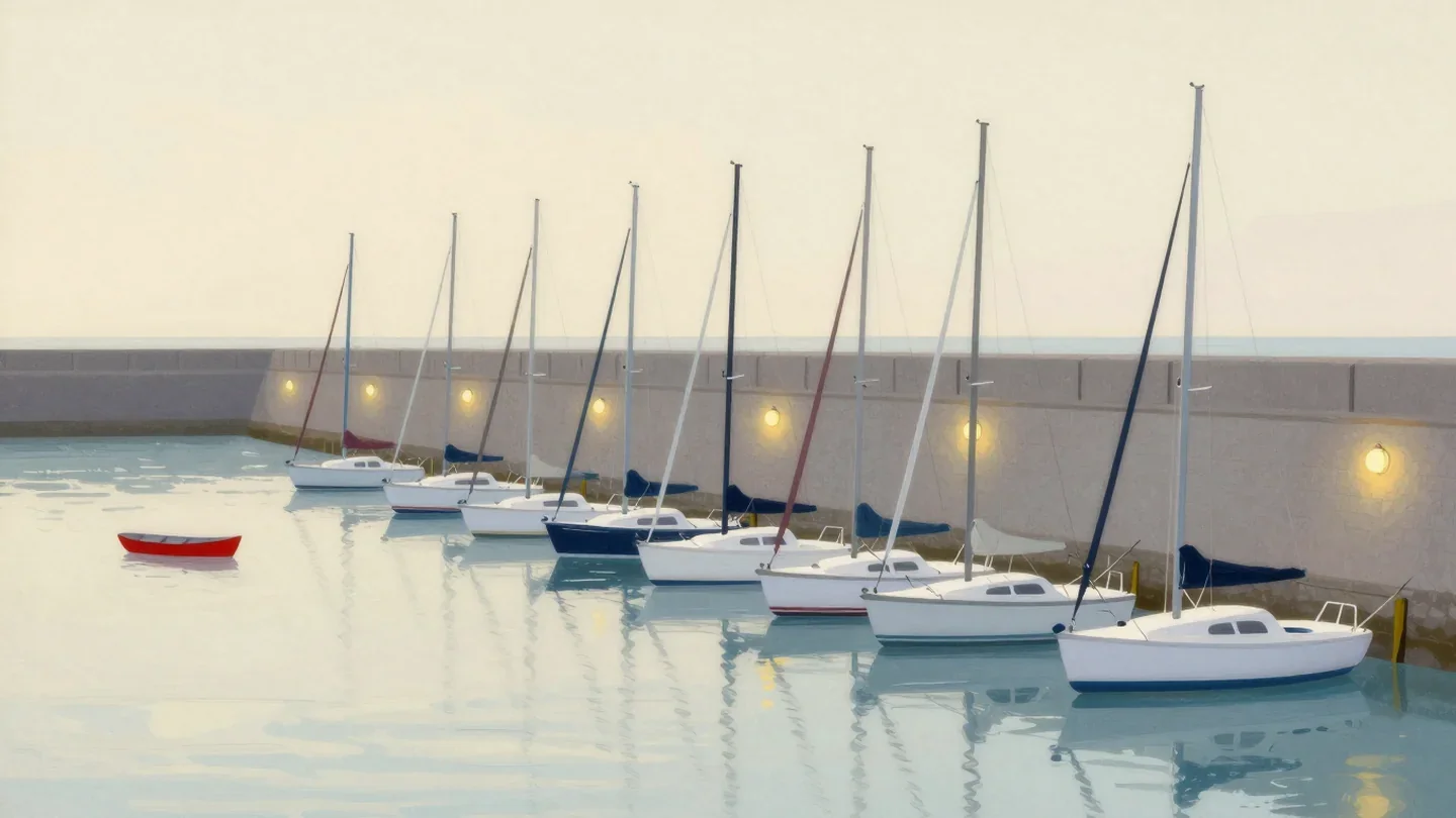 Gouache painting of sailboats inside a harbor wall and a small vermilion rowboat outside it