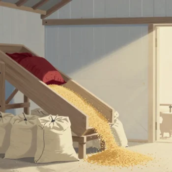 Gouache painting of a jammed grain chute in a barn with sacks piled high and the top sack in vermilion