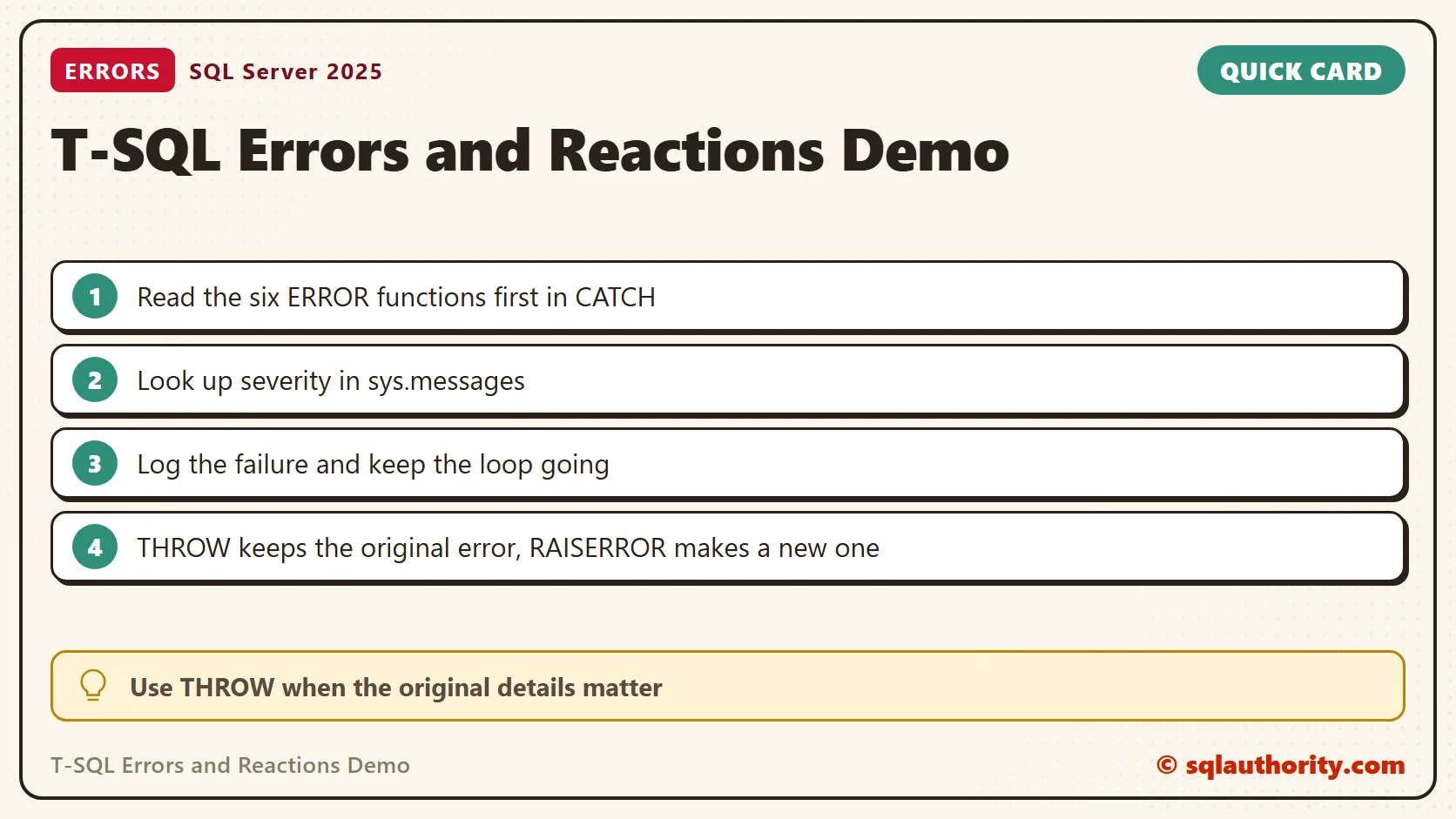Quick reference card: T-SQL Errors and Reactions Demo: SQL in Sixty Seconds #005