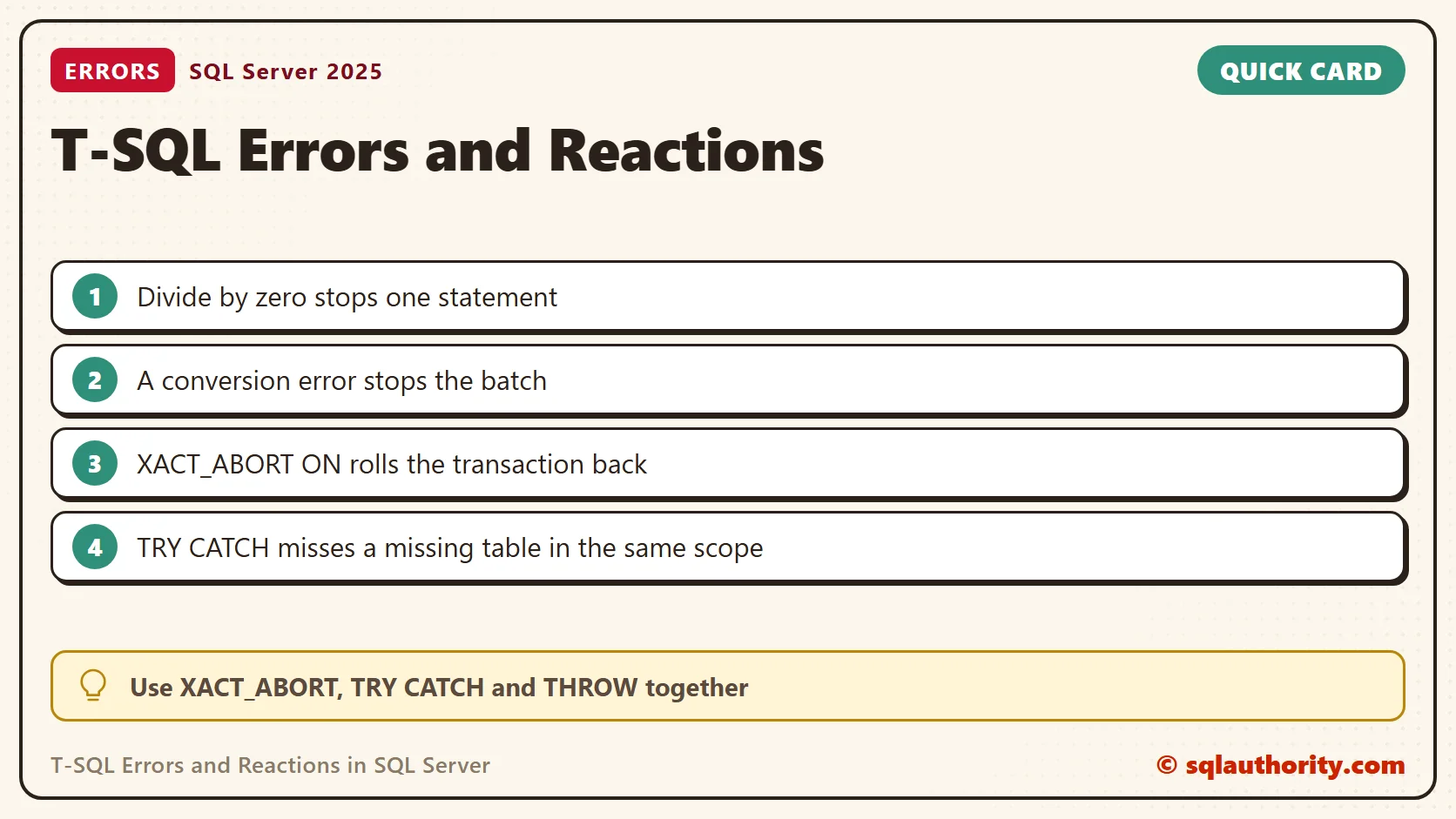 Quick reference card: T-SQL Errors and Reactions in SQL Server: SQL in Sixty Seconds #002