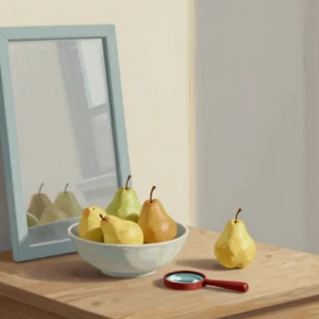 Gouache painting of a wooden table with a bowl of pears in front of a leaning mirror, with a small vermilion magnifying glass between them