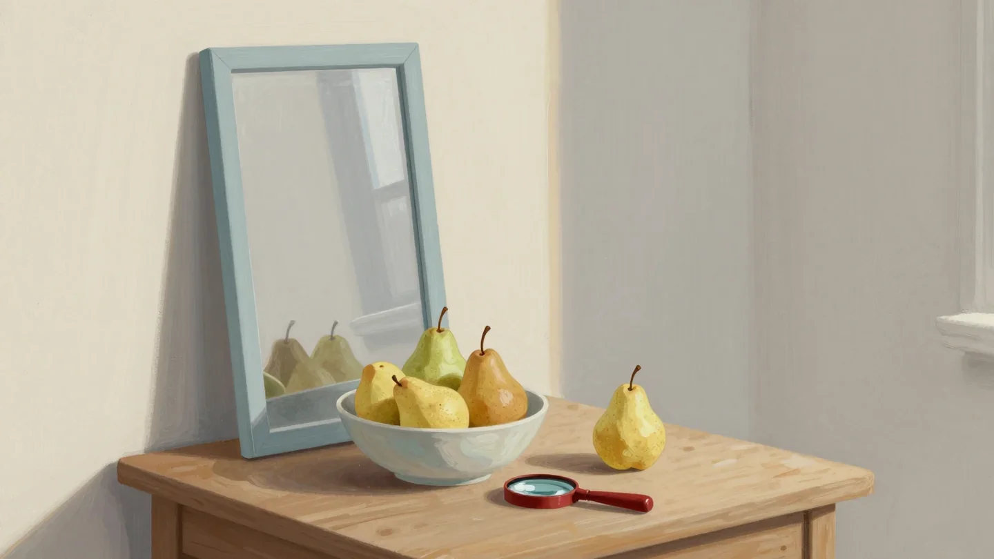 Gouache painting of a wooden table with a bowl of pears in front of a leaning mirror, with a small vermilion magnifying glass between them
