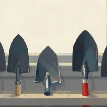 Gouache painting of a shelf of unused trowels with one worn trowel with a vermilion handle