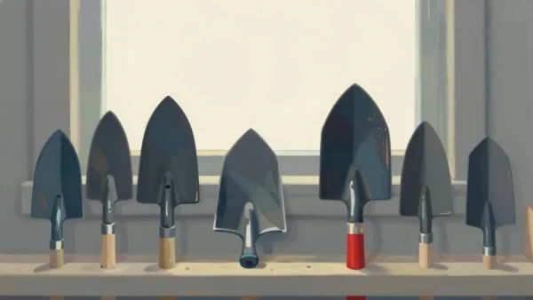 Gouache painting of a shelf of unused trowels with one worn trowel with a vermilion handle