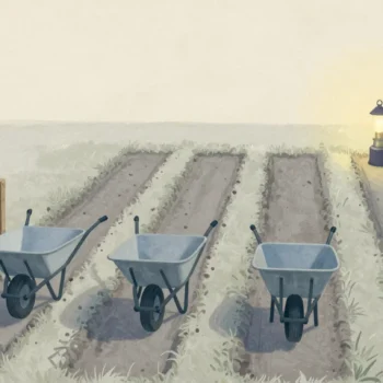 Gouache painting of three grey wheelbarrows in three furrows beside a wooden crate, and a small vermilion basket at a fourth narrow furrow