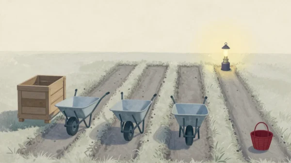 Gouache painting of three grey wheelbarrows in three furrows beside a wooden crate, and a small vermilion basket at a fourth narrow furrow