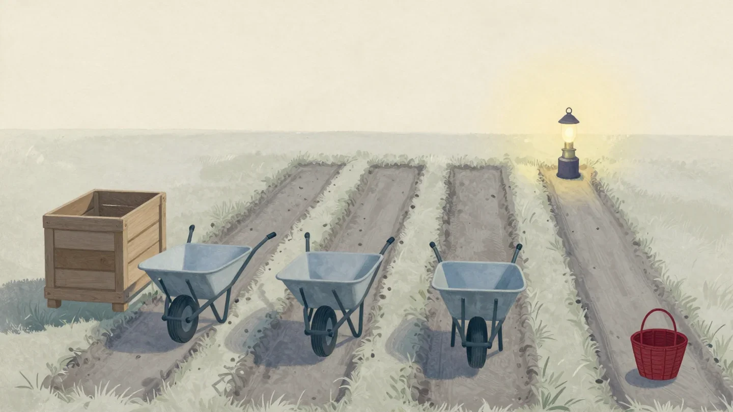 Gouache painting of three grey wheelbarrows in three furrows beside a wooden crate, and a small vermilion basket at a fourth narrow furrow