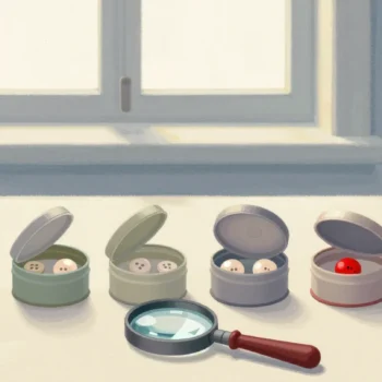 Gouache painting of six small tins on a sewing table, three open with buttons and a vermilion magnifying glass in front