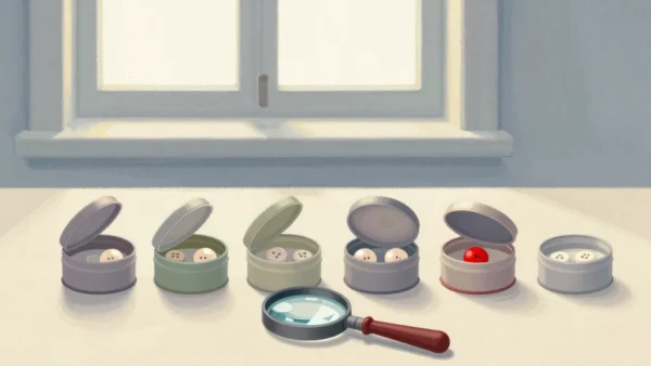 Gouache painting of six small tins on a sewing table, three open with buttons and a vermilion magnifying glass in front