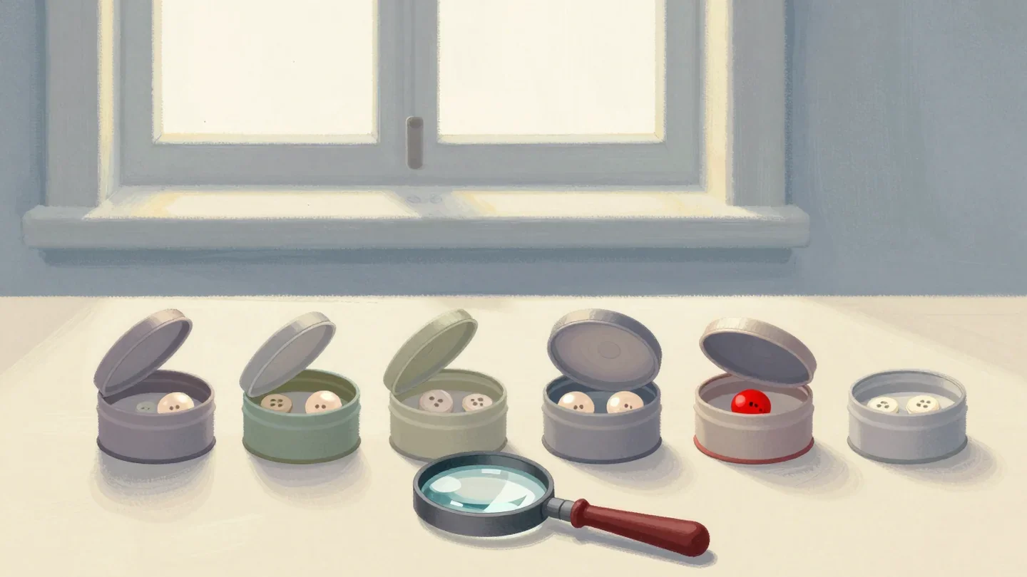 Gouache painting of six small tins on a sewing table, three open with buttons and a vermilion magnifying glass in front