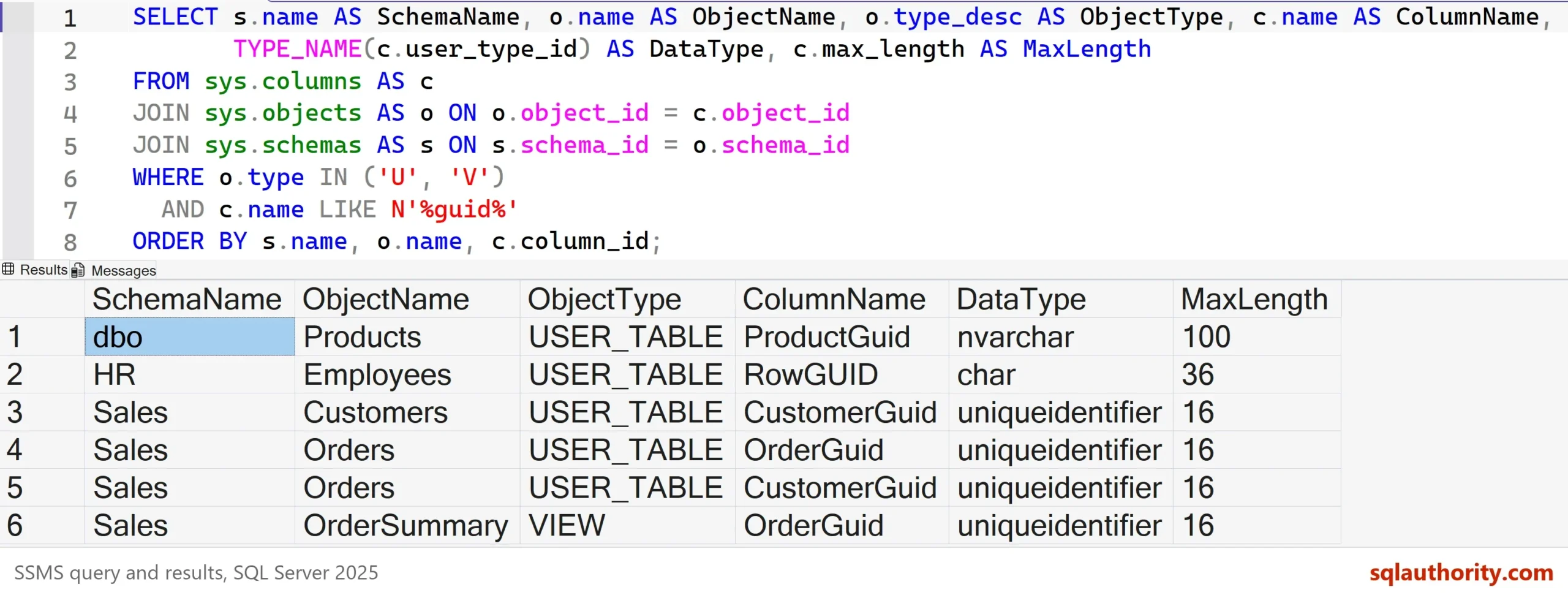 SSMS result grid with six rows for columns whose name contains guid: dbo Products ProductGuid nvarchar, HR Employees RowGUID char, Sales Customers CustomerGuid uniqueidentifier, Sales Orders OrderGuid and CustomerGuid uniqueidentifier, and the view Sales OrderSummary OrderGuid uniqueidentifier