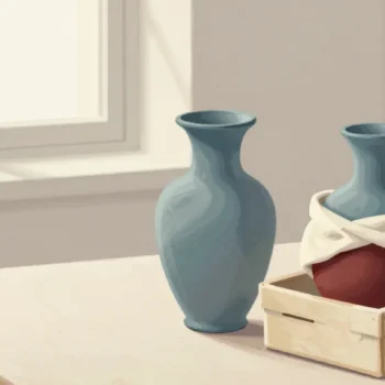 Gouache painting of a finished blue vase beside an identical twin packed safely in a crate with red cloth