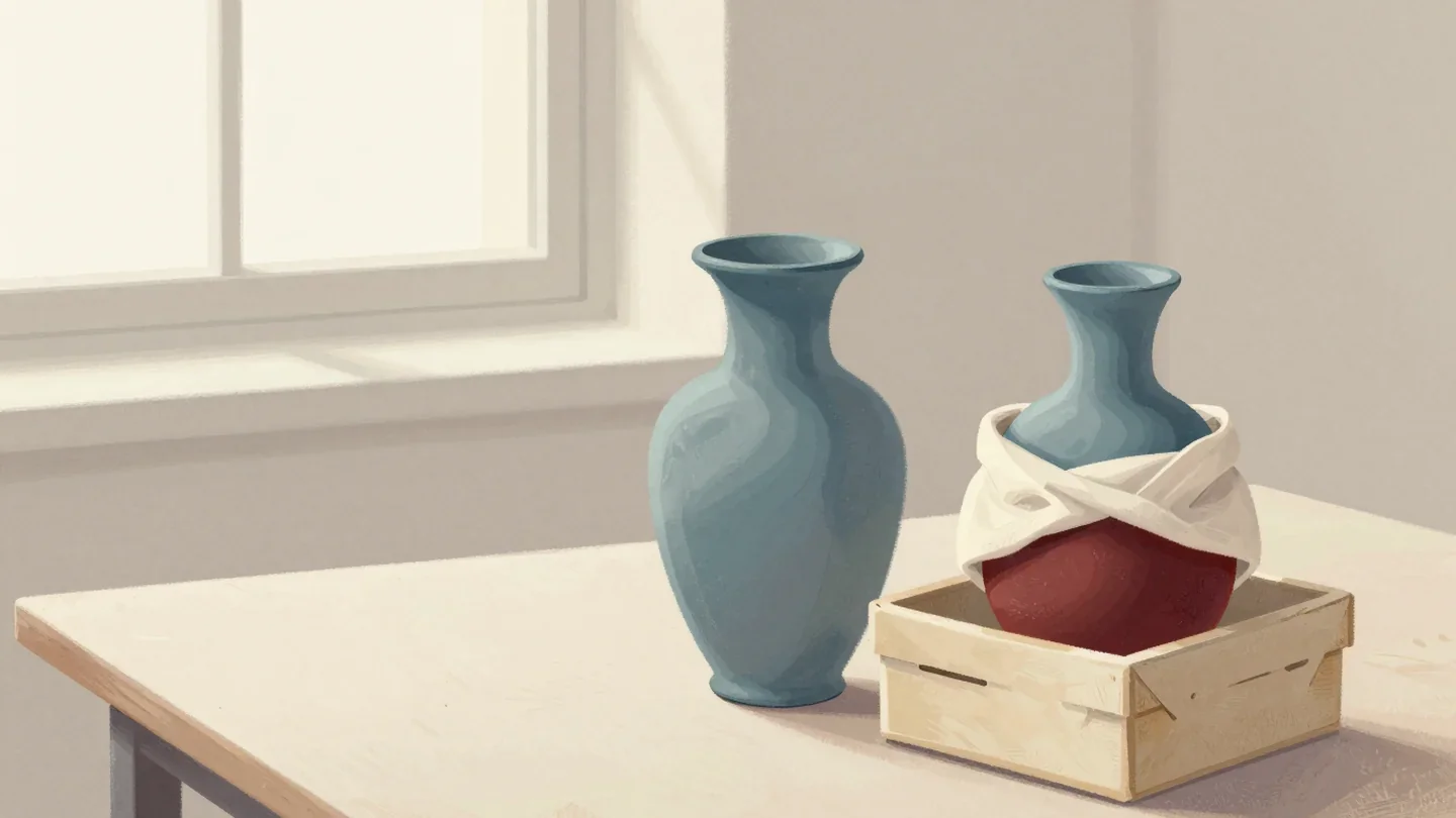 Gouache painting of a finished blue vase beside an identical twin packed safely in a crate with red cloth