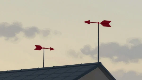 Gouache painting of two weathervanes on one roof pointing opposite ways, one in vermilion