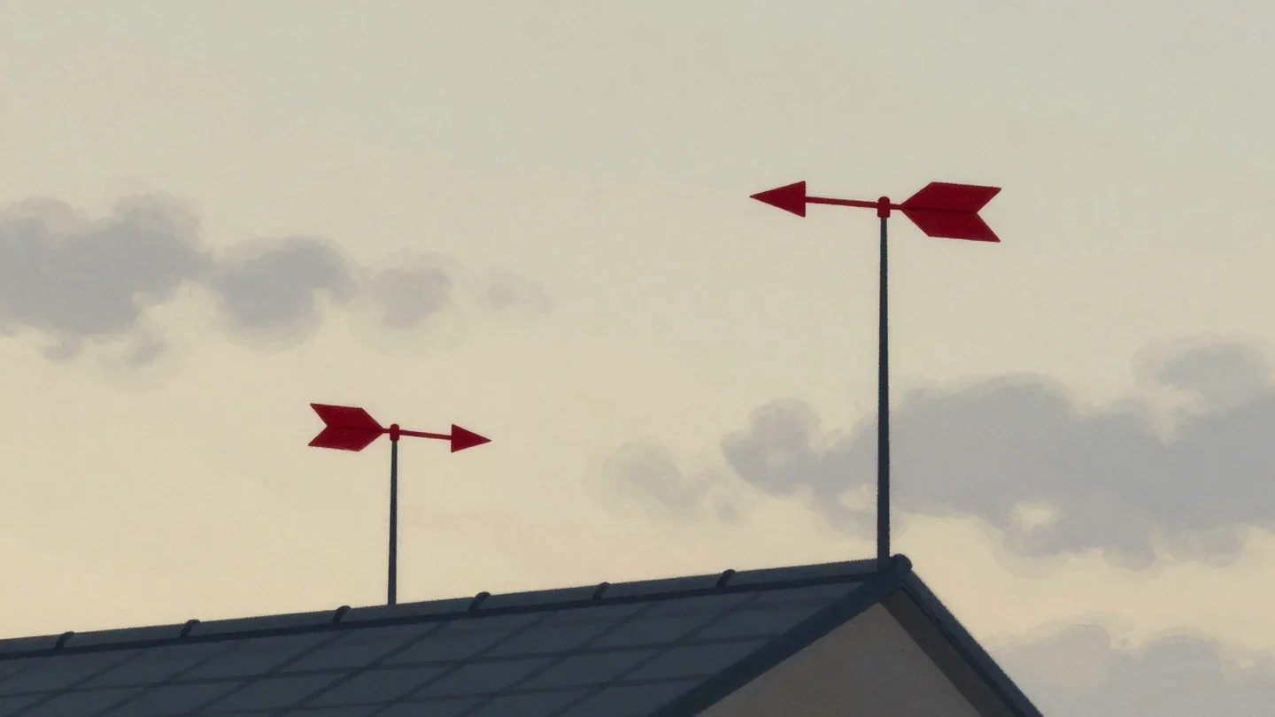 Gouache painting of two weathervanes on one roof pointing opposite ways, one in vermilion