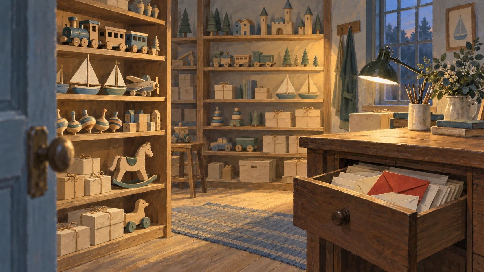 Gouache painting of a thriving toy workshop at closing time, shelves full of finished wooden toys in warm lamp light, while a desk drawer in the shadowed foreground is stuffed with unopened envelopes, a vermilion one on top.