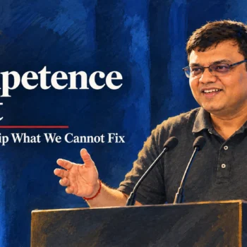 Painted portrait of Pinal Dave speaking at a lectern with two microphones on a deep blue stage, beside the words Pinal Dave, Competence Debt, AI Lets Us Ship What We Cannot Fix.