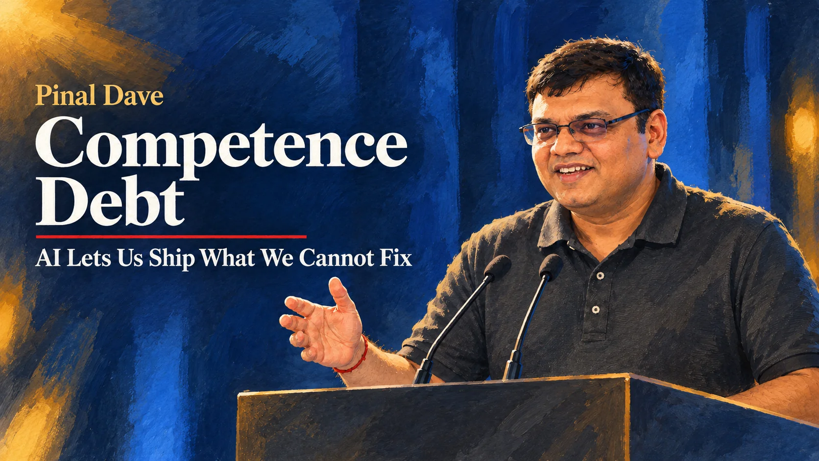 Painted portrait of Pinal Dave speaking at a lectern with two microphones on a deep blue stage, beside the words Pinal Dave, Competence Debt, AI Lets Us Ship What We Cannot Fix.