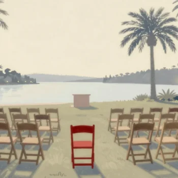 Gouache painting of rows of wooden chairs facing a small podium under palm trees by a lake, one front chair painted red