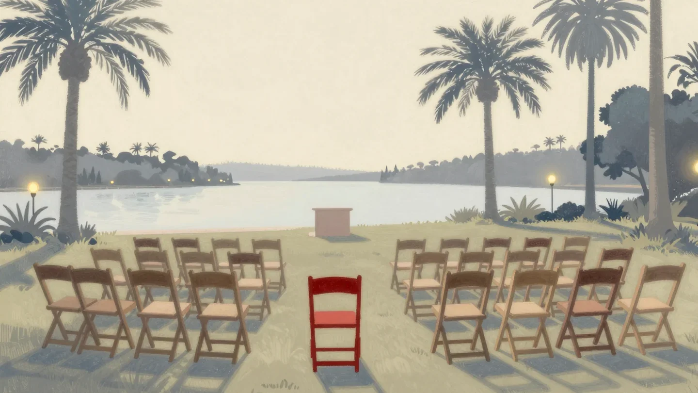 Gouache painting of rows of wooden chairs facing a small podium under palm trees by a lake, one front chair painted red
