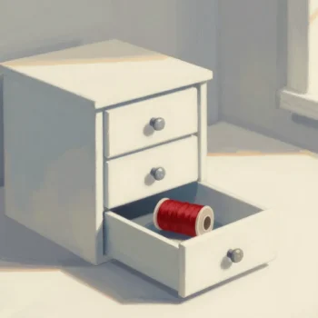 Gouache painting of a small drawer cabinet on a sewing table with a vermilion thread spool inside one open drawer