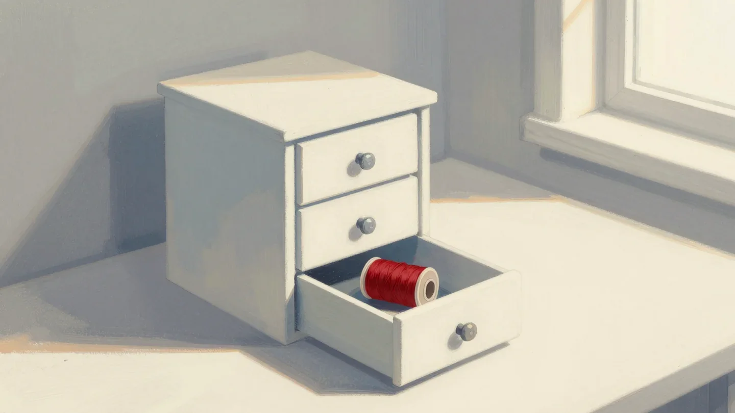 Gouache painting of a small drawer cabinet on a sewing table with a vermilion thread spool inside one open drawer