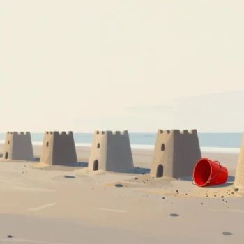 Gouache painting of a line of sandcastles that the tide never reached with a vermilion bucket beside the nearest one