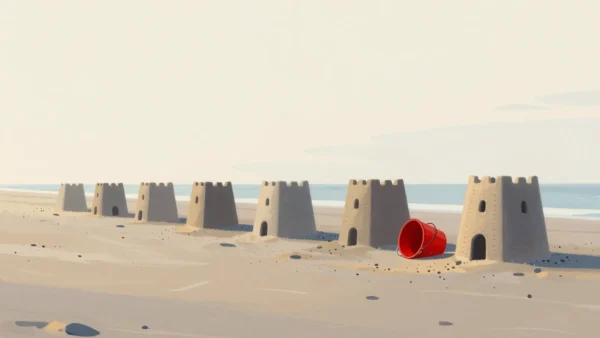 Gouache painting of a line of sandcastles that the tide never reached with a vermilion bucket beside the nearest one