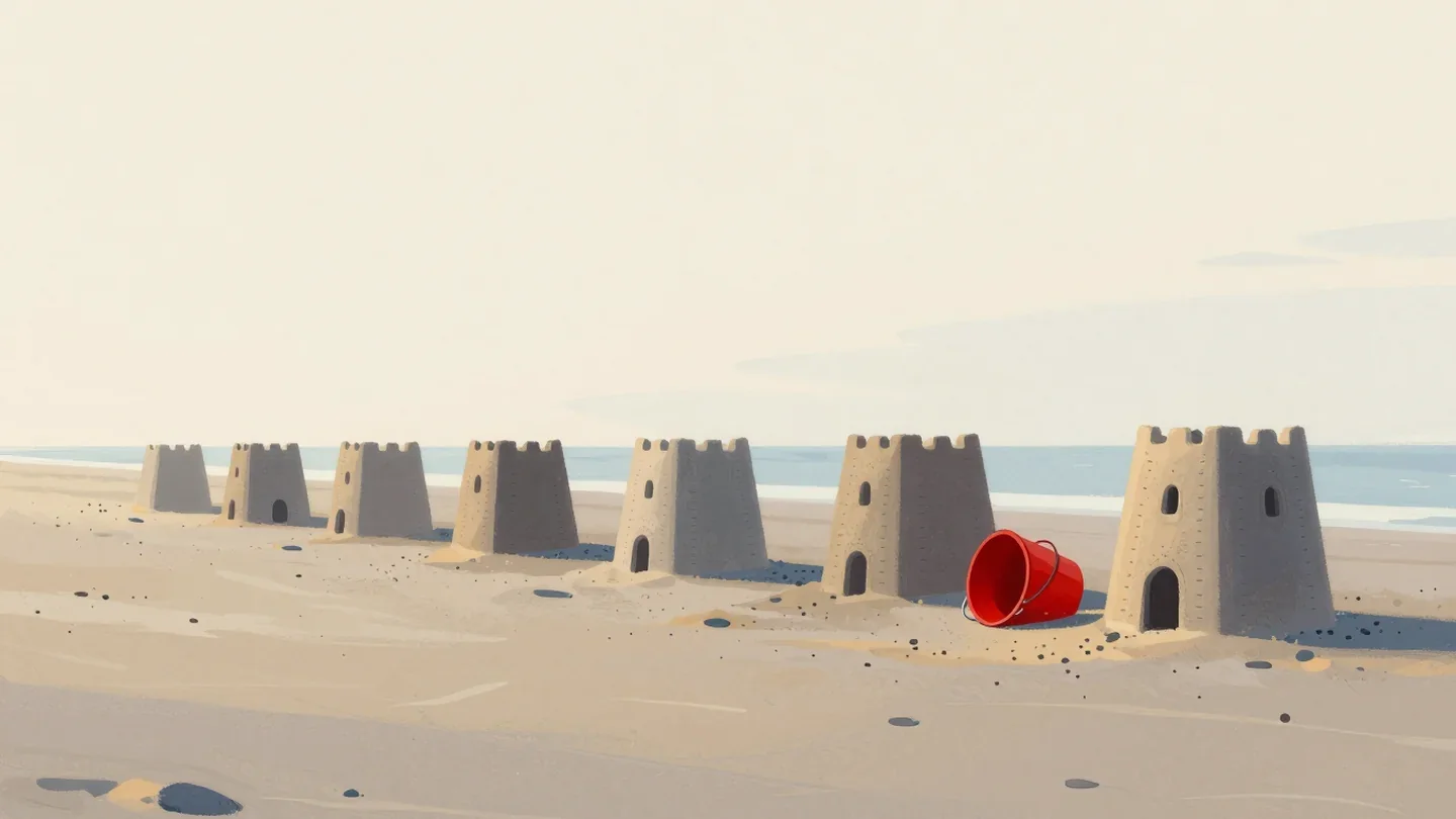 Gouache painting of a line of sandcastles that the tide never reached with a vermilion bucket beside the nearest one