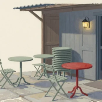 Gouache painting of small round cafe tables on a stone terrace, two sage and one vermilion, with a stack of chairs by the shed door