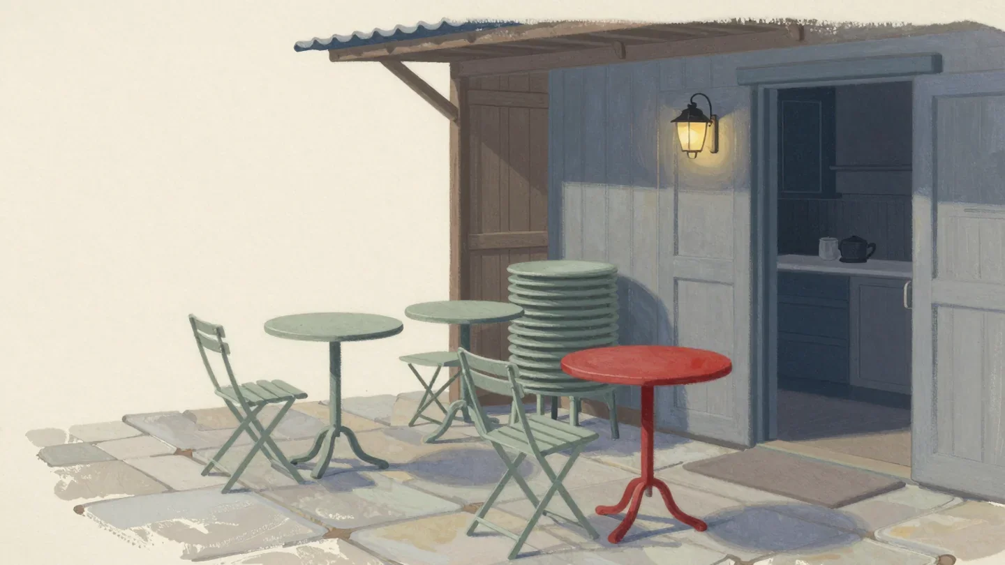 Gouache painting of small round cafe tables on a stone terrace, two sage and one vermilion, with a stack of chairs by the shed door