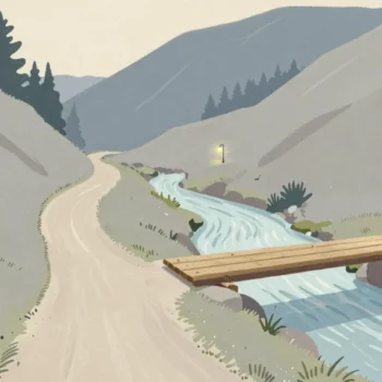 Gouache painting of a dirt trail beside a stream crossed by a short plank bridge, with a vermilion stone marker in the foreground